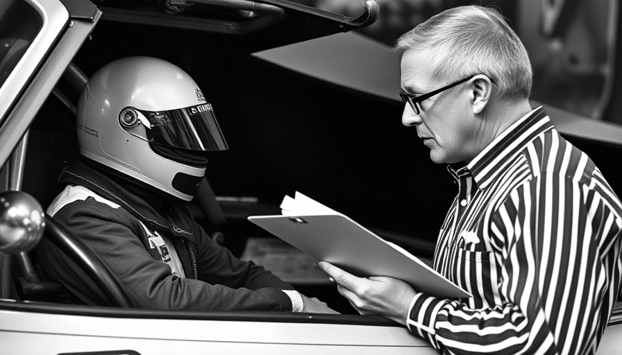 Vintage scene of automotive interaction with racecar driver