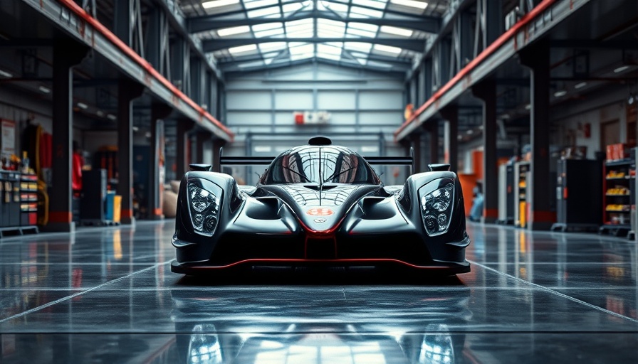 Sleek black race car in a workshop with polished concrete floors.