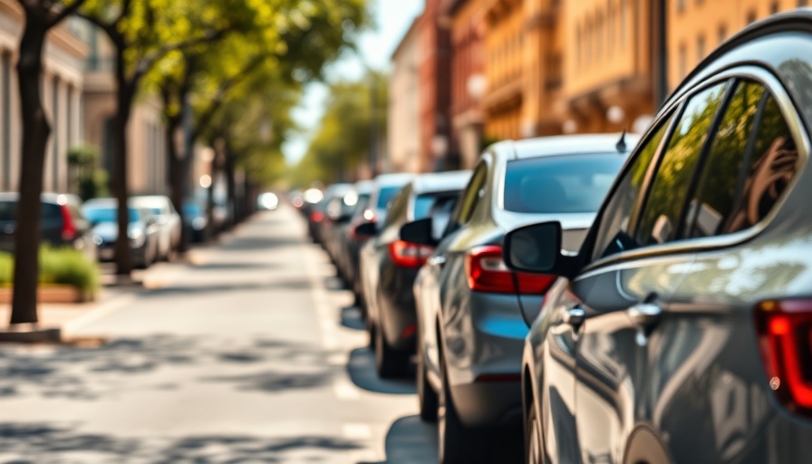 Line of parked cars on a sunny street, illustrating auto insurance costs.