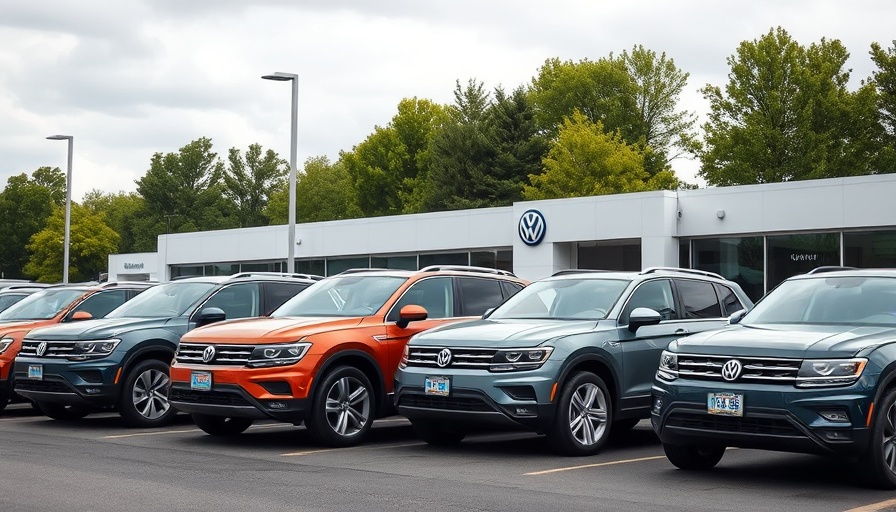 Volkswagen dealership cars under cloudy sky.