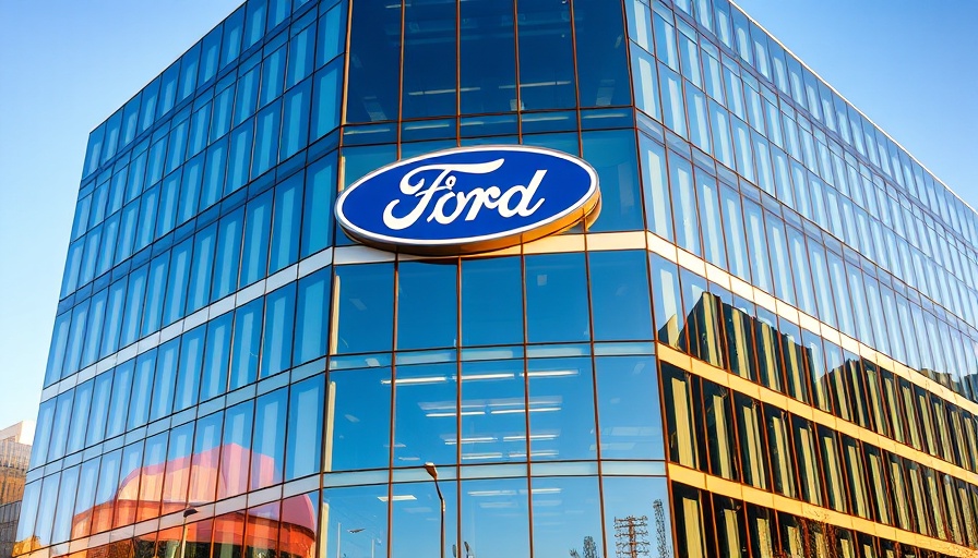 Ford building reflecting blue sky, EV losses impact profit