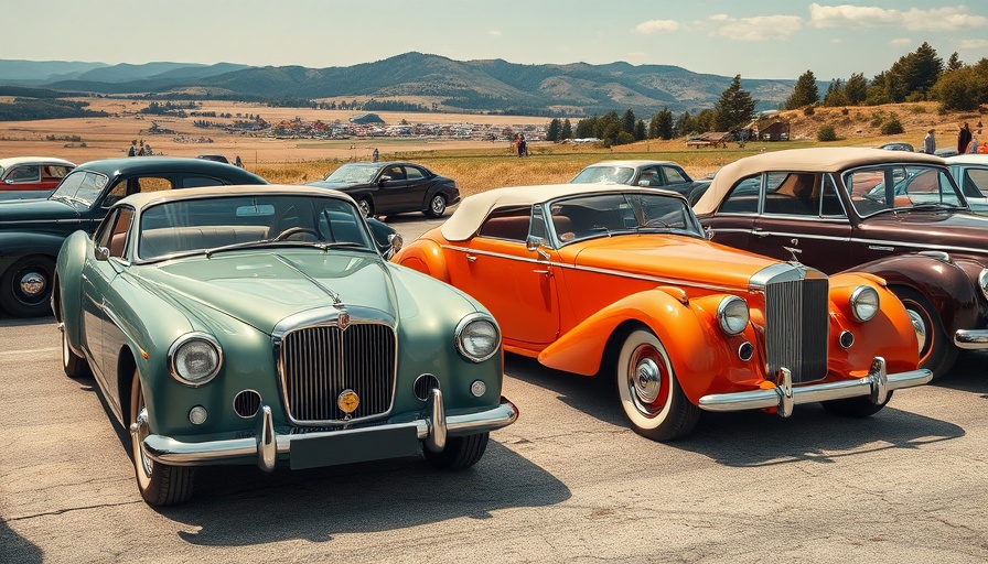 Vintage cars parked with a scenic bridge backdrop.