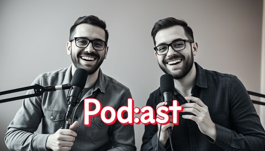 Two men podcasting with microphones in a studio setup.