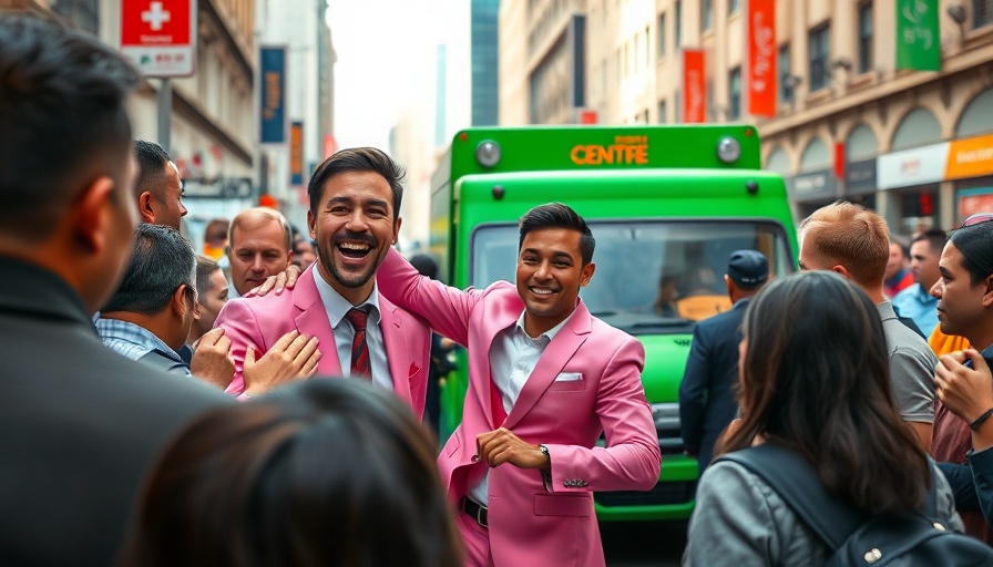 Man in pink suit engaging with crowd at marketing stunt event