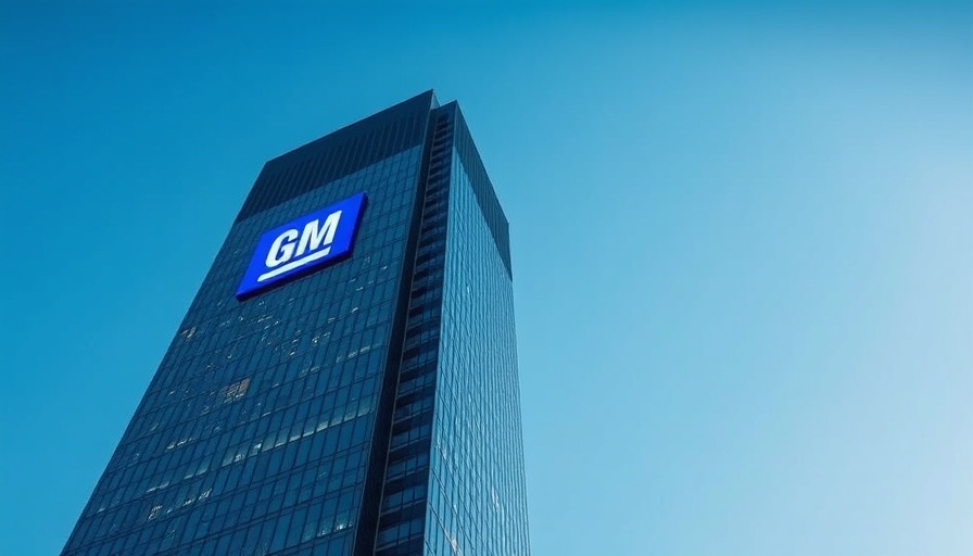 GM headquarters skyscraper with glowing logo under blue sky