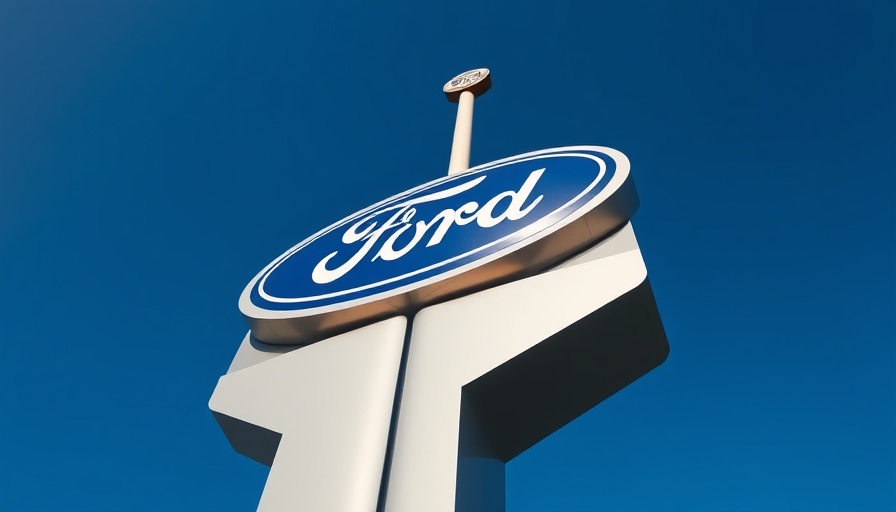 Iconic Ford logo signpost with clear blue sky, symbolizing Ford Credit technology and affordability strategies.