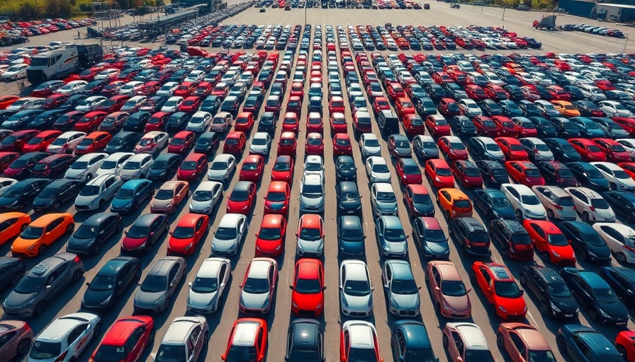 Aerial view of an expansive car dealership lot for Instant Loan Lookup for Dealers.