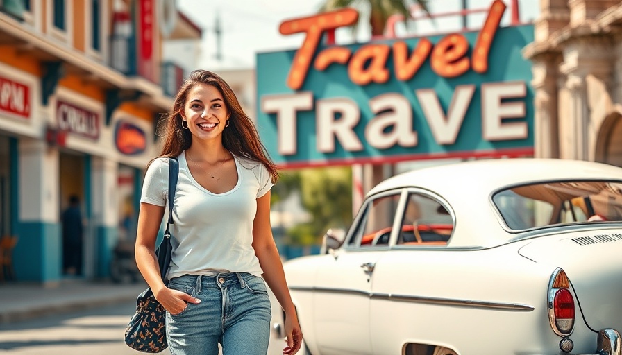 Cheerful woman walking near a vintage car in colorful urban scene, community engagement trends.