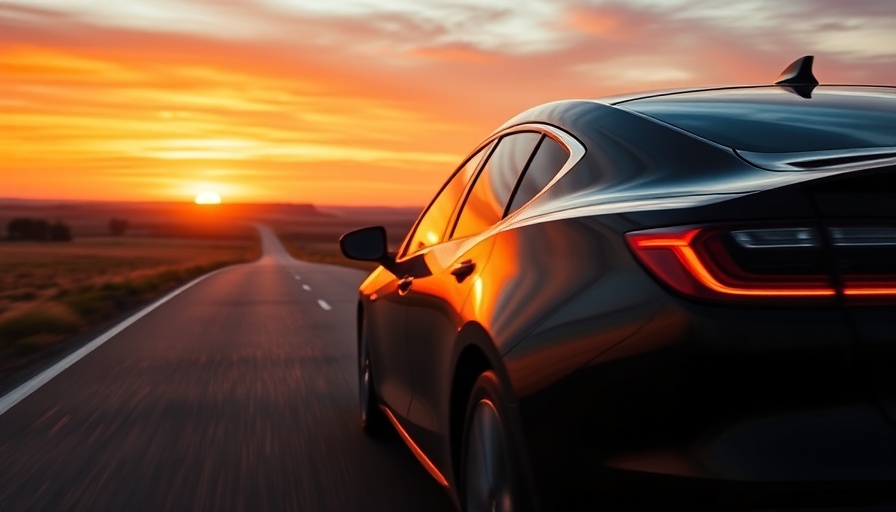 Sleek black car at sunset, AI-Powered Intelligent Guidance Assistant, cinematic road view.