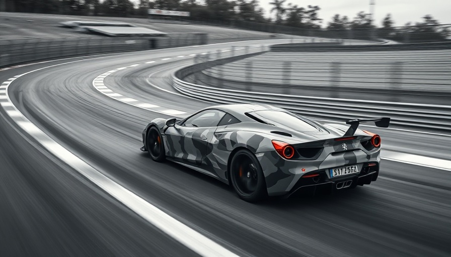 Sleek disguised car racing on a quiet track under cloudy skies.