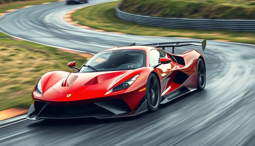 Racing car speeding on track with blurred motion, grassy surroundings.