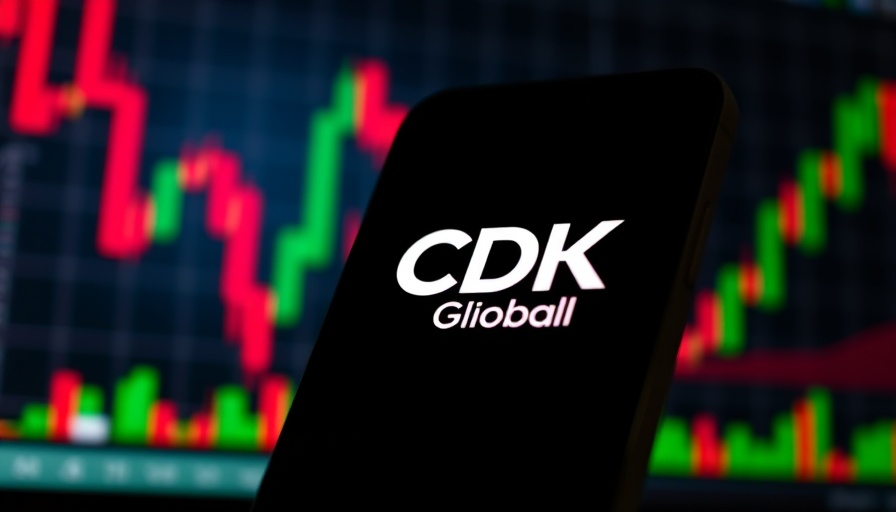 Smartphone showing CDK Global logo with stock graphs in background.