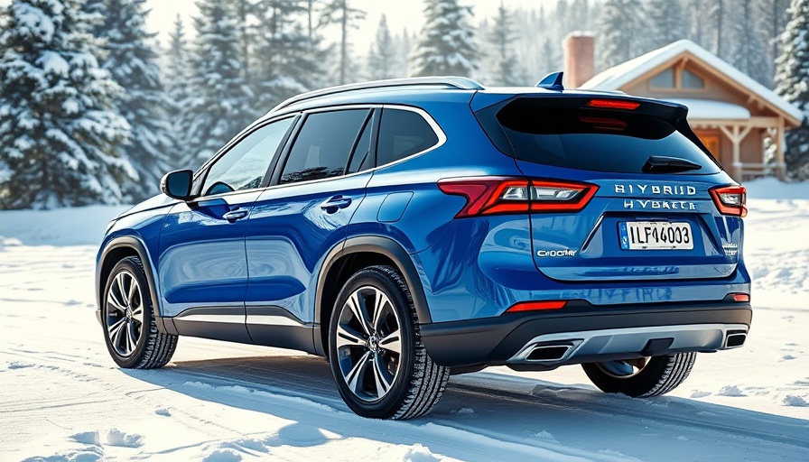 Blue SUV with new hybrid V-8 powertrain in snowy landscape.