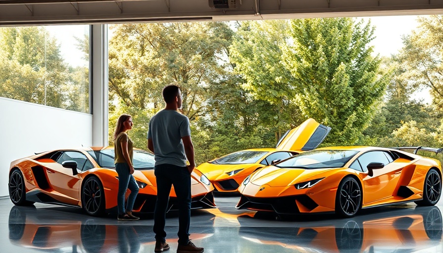 Spacious garage overlooking vibrant Lamborghini cars outside at Tedson Motors.