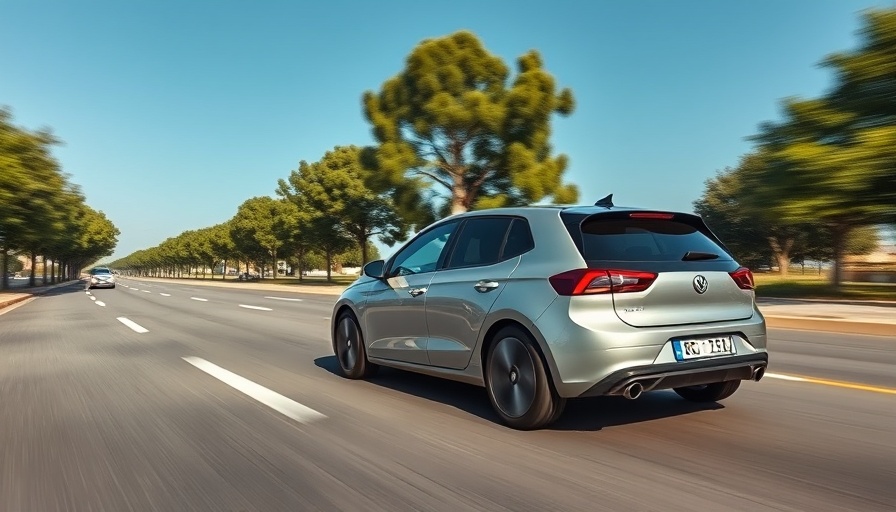 Modern hatchback driving on a sunlit road