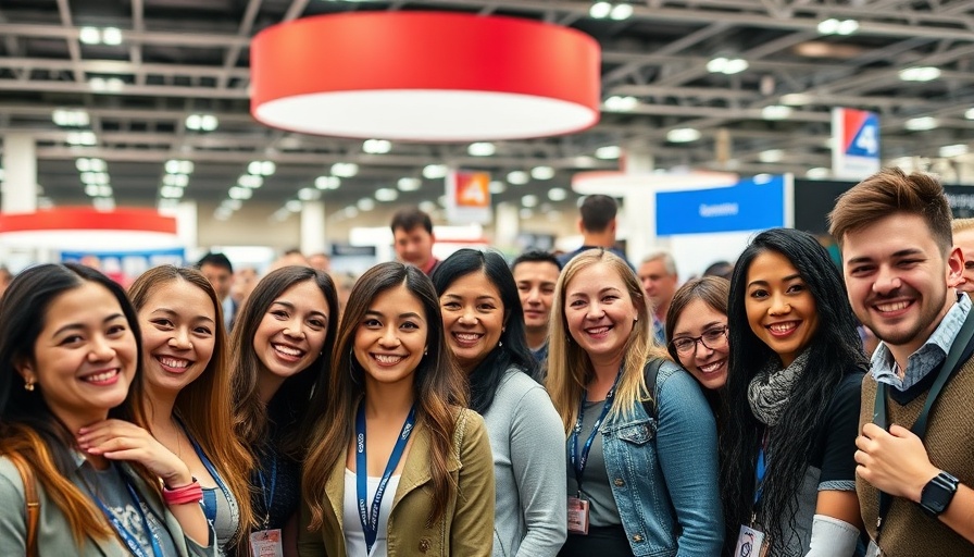 Influencers posing at a lively trade show event.