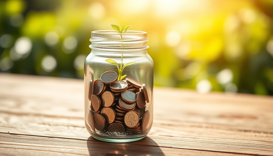 Concept of growth in finance with a jar of coins and small plant.