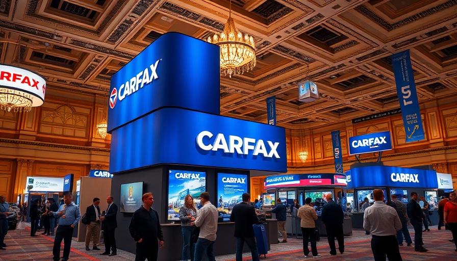 CARFAX booth at trade show with vibrant branding and engaging attendees.