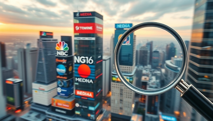 Futuristic cityscape with media logos and magnifying glass for FCC investigations.