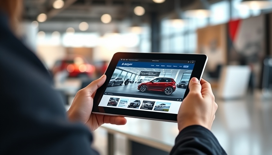 Tablet displaying an interactive car dealership website interface.