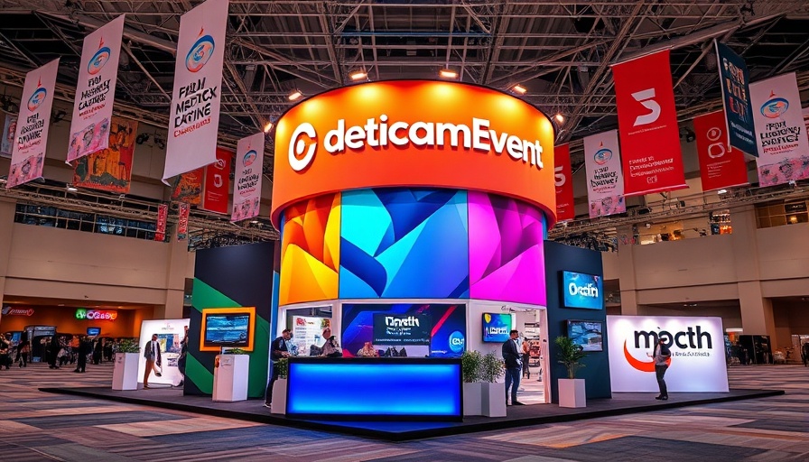 Corporate event booth with colorful setup promoting B-to-B events strategy.