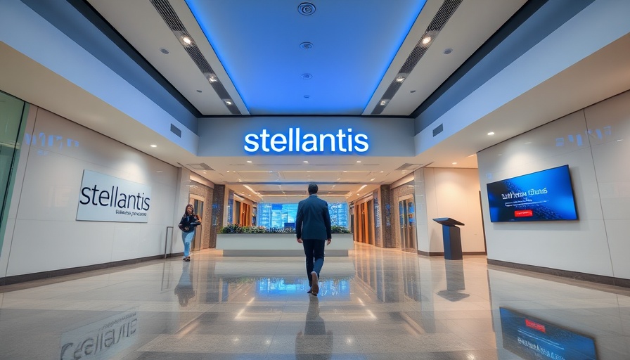 Stellantis branding in corporate lobby, reflecting industrial bank initiative.