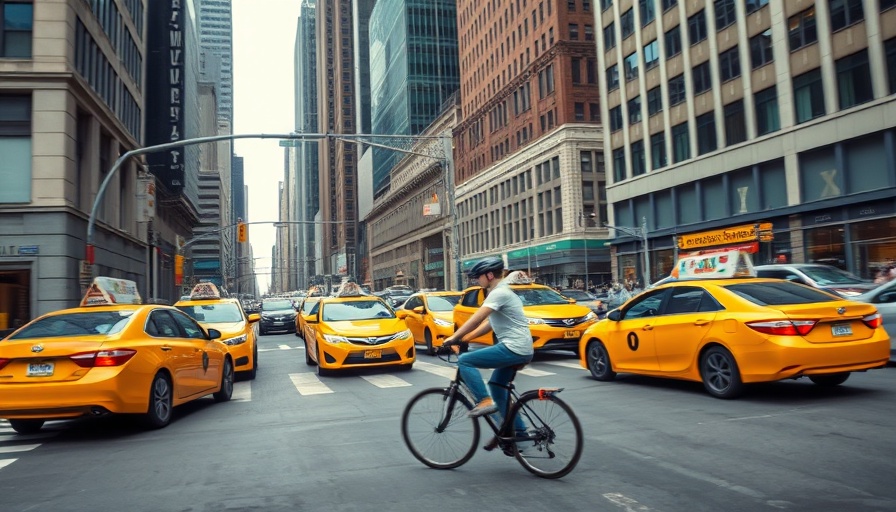 Urban scene with bicycle commuter and moving taxis, busy city environment.