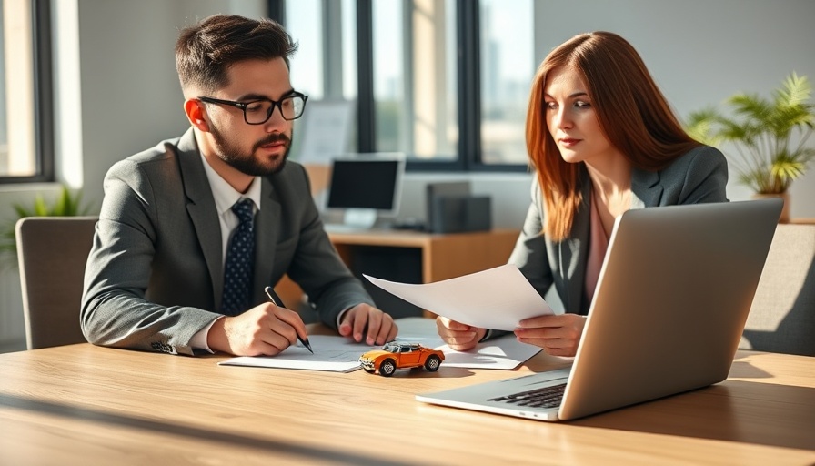 Digital transformation in auto finance: auto finance discussion with documents and laptop.