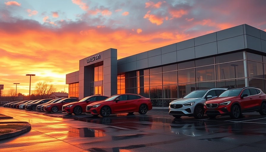 Modern car dealership at sunset reflecting pavement, 2025.