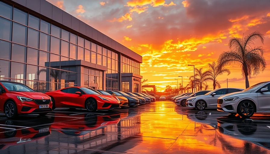 Modern auto dealership buy/sell market at sunset.