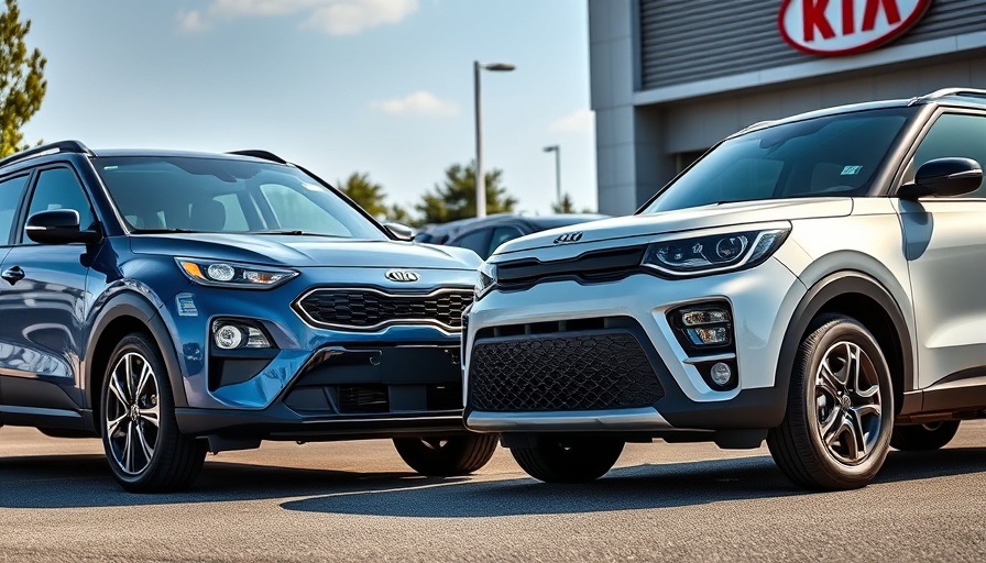 Kia Seltos and Soul models in a dealership parking lot.