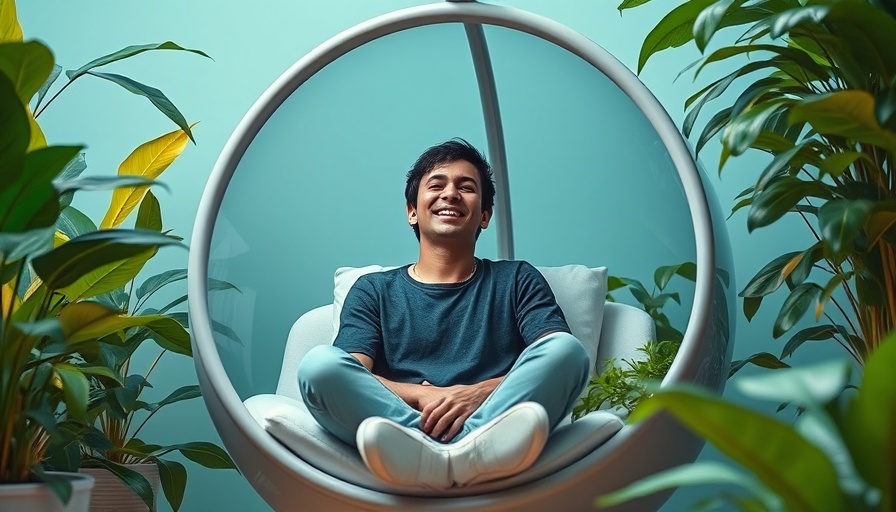 Cheerful person in modern chair amidst lush plants for Zen-inspired brand experience.