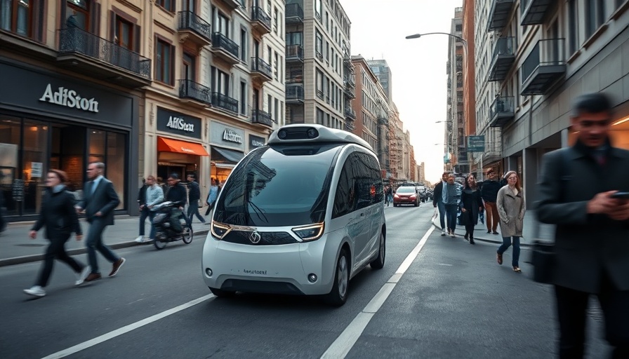 Autonomous vehicle on city street with pedestrians, sensor technology visible.