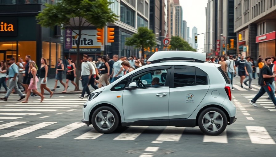 Urban setting with self-driving car and pedestrians, showcasing camera-only vs sensor fusion technology.