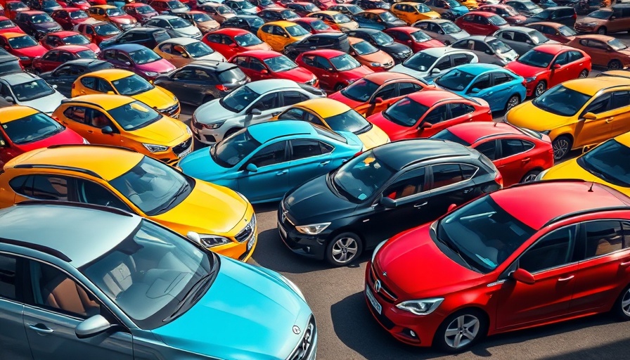 A variety of parked cars, illustrating auto loan delinquency rates.