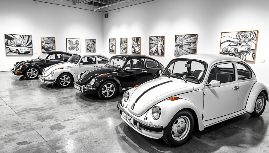 Cartoon-style black and white cars at Joshua Vides Check Engine Light exhibition.