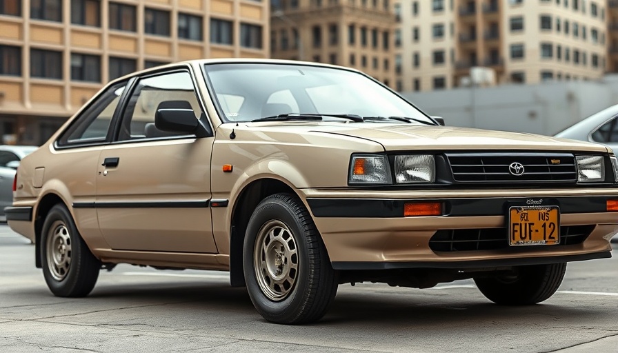 Classic 1989 Toyota Corolla Coupe parked, up for auction.