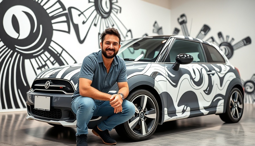 Joshua Vides car wraps, man with art installation in black and white.