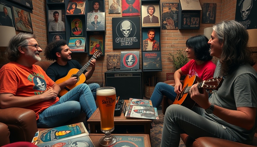 Friends enjoying Grateful Dead Juicy Pale Ale with vintage records.