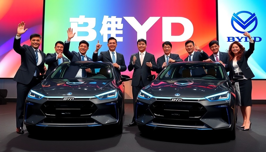 BYD global expansion event with professionals and electric cars on stage.