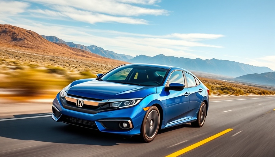 Blue Honda Civic driving on open road with mountain backdrop