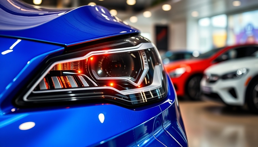 Blue car headlight in showroom; February new vehicle sales rise.