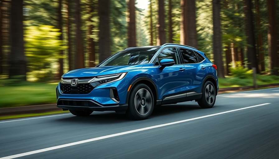 Sleek blue 2025 Honda Prologue electric SUV on a forest road.