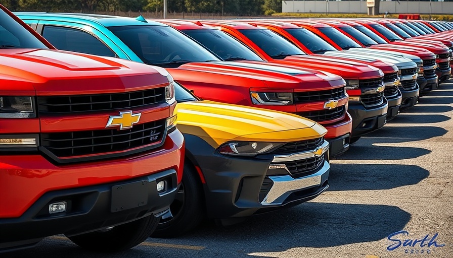 Chevrolet trucks in a parking lot showing potential impact of Trump's tariffs on car prices.