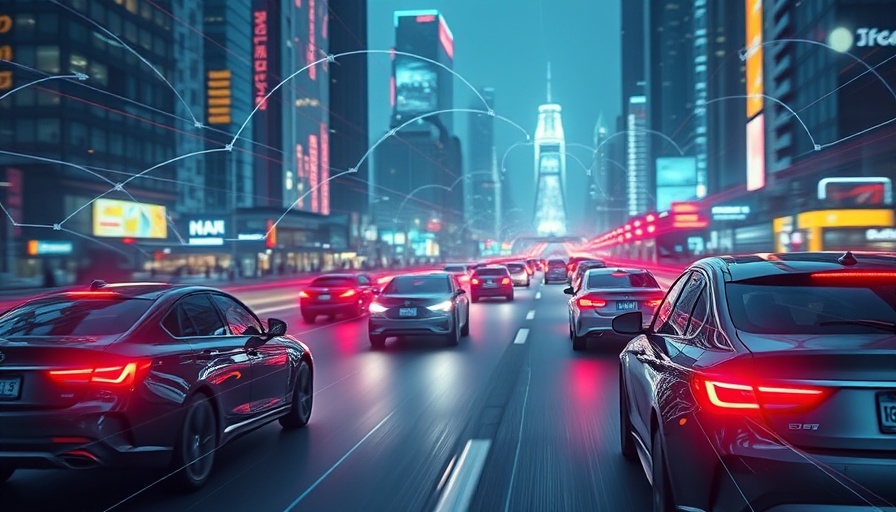 Futuristic cars on a highway with digital overlays for auto sales training.