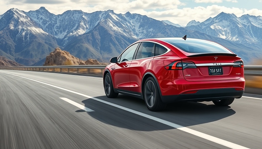 Red Tesla driving on a highway with mountains in the background.