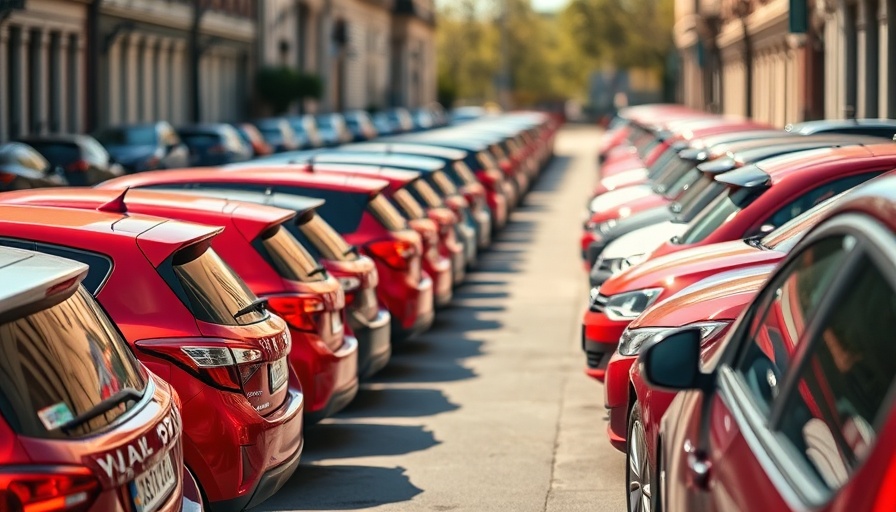 Row of parked cars on a sunny street, showcasing February sales pace steady.