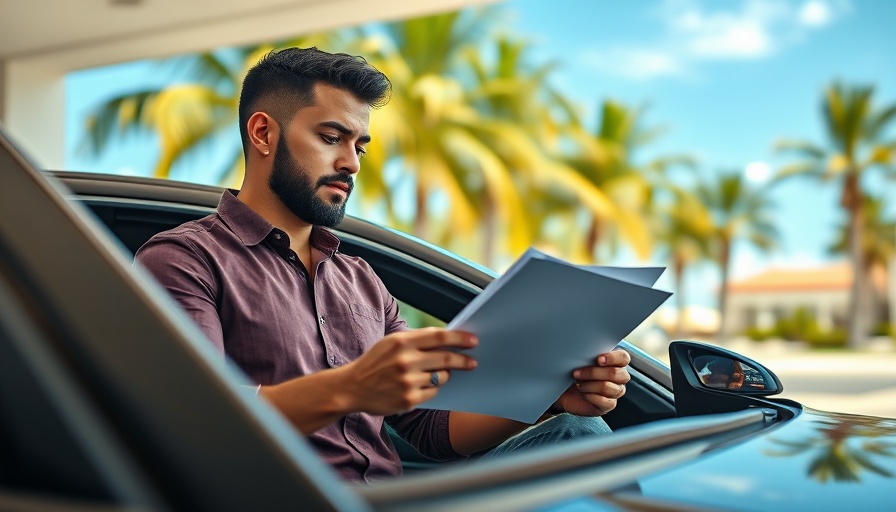 Tom Brady used-car salesman reviewing documents in tropical car lot.