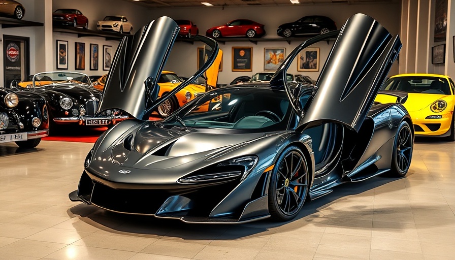 McLaren W1 hybrid hypercar with open doors in a showroom.