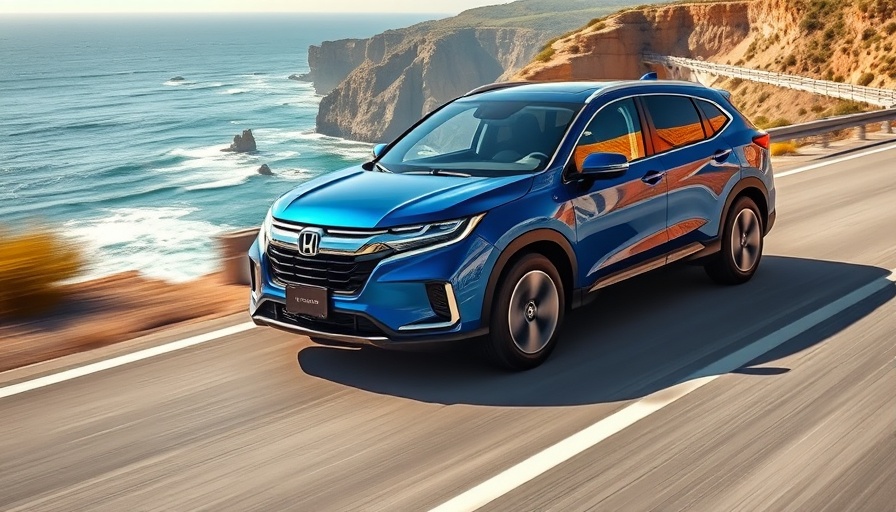 2025 Honda Prologue on coastal highway with ocean backdrop.